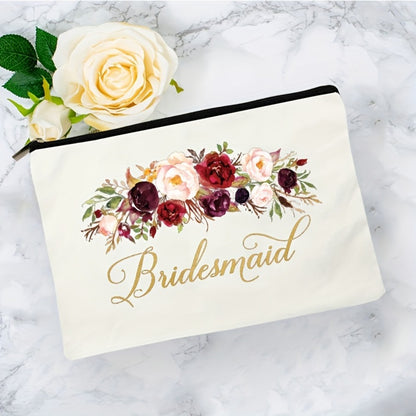 1pc Elegant Floral Bridesmaid Makeup Bag - Wedding Party Organizer with Zipper Closure, Lightweight & Portable Cosmetic Case for Bridesmaids, Floral bridal shower gift (White/, Machine Washable) - Perfect for Bridal Showers, Weddings, Everyday Use