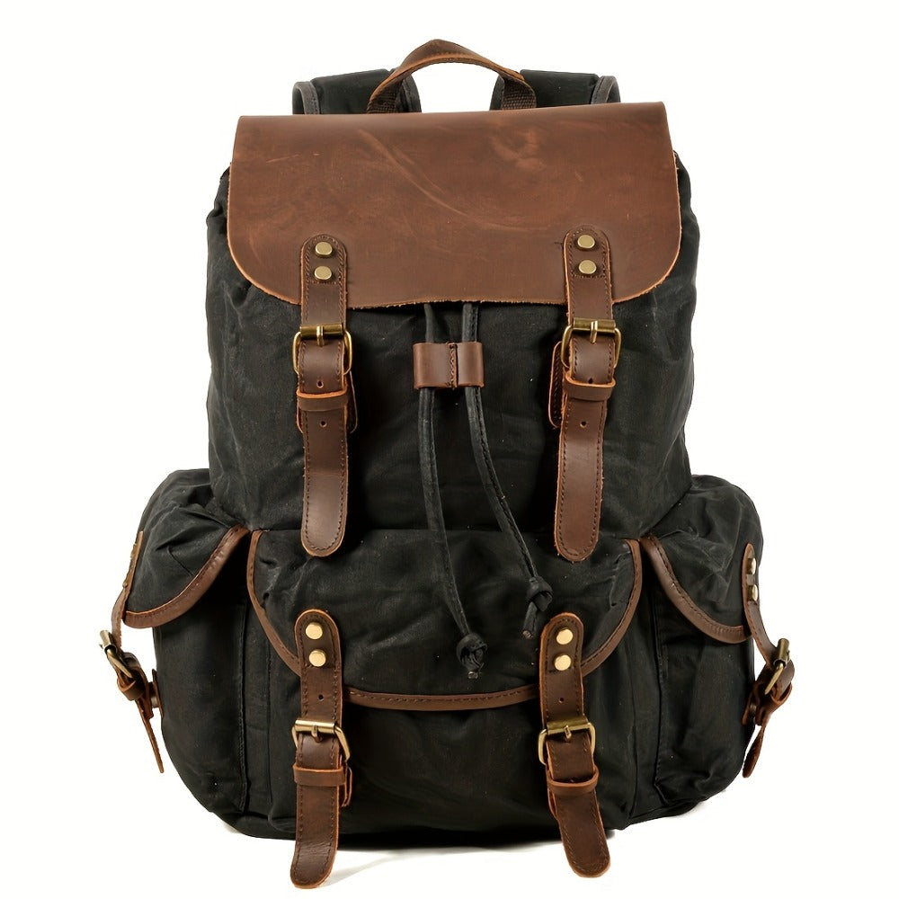 Vintage Men'S Leather Backpack, Waxed Canvas Shoulder Bag for Travel, Casual Laptop Bag, Suitable for Both And .