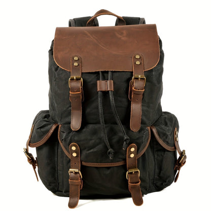 Vintage Men'S Leather Backpack, Waxed Canvas Shoulder Bag for Travel, Casual Laptop Bag, Suitable for Both And .