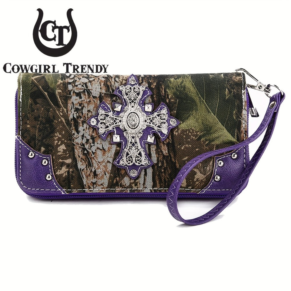 Camouflage Cross Wings Western Style Studded Handbag Tooled Faux Leather Purse Country Women Shoulder Bag Pouch Wallet Set
