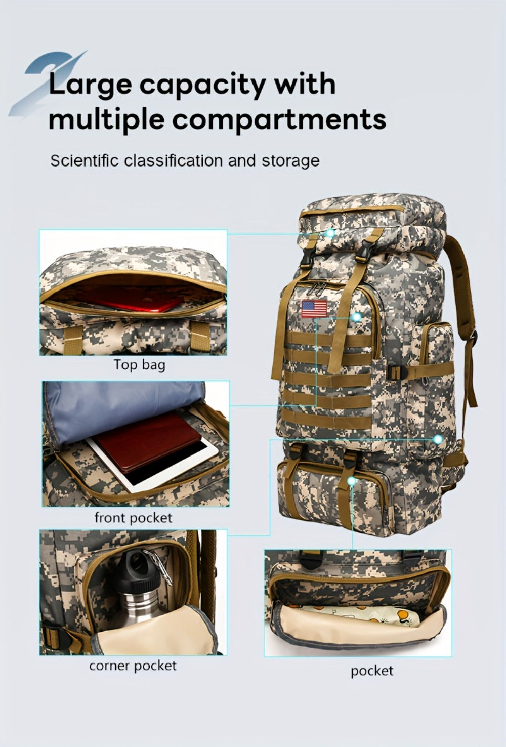 Set of 2pcs 21.13gal Spacious Multifunctional Camouflage Tactical Hiking Backpacks Featuring Various Compartments And a MOLLE System, Ideal for Outdoor Adventures, Camping, Trekking