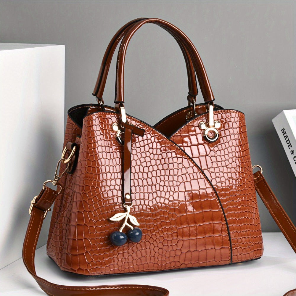 2022 Newest Trendy Women's Faux Crocodile-Texture Handbag with Cherry Pendant - Stylish Black and Red Shoulder and Crossbody Bag, Zip Closure, Polyester Lining, Edge Paint Detail, Crossbody Bag|Chic Shoulder Bag|Zippered Bag