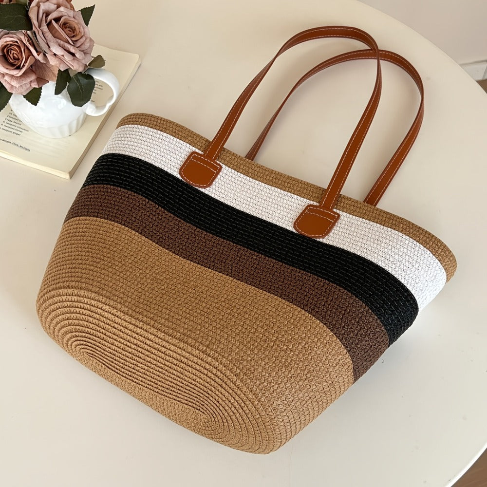 Casual Straw-Woven Women'S Tote Bag And Straw Hat Two-Piece Set, Wide-Brimmed Sun Hat And Large-Capacity Tote Bag, Beach Sun Protection Straw Bag Set, Fashionable Seaside Vacation Straw Two-Piece Set