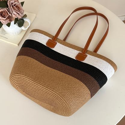 Casual Straw-Woven Women'S Tote Bag And Straw Hat Two-Piece Set, Wide-Brimmed Sun Hat And Large-Capacity Tote Bag, Beach Sun Protection Straw Bag Set, Fashionable Seaside Vacation Straw Two-Piece Set