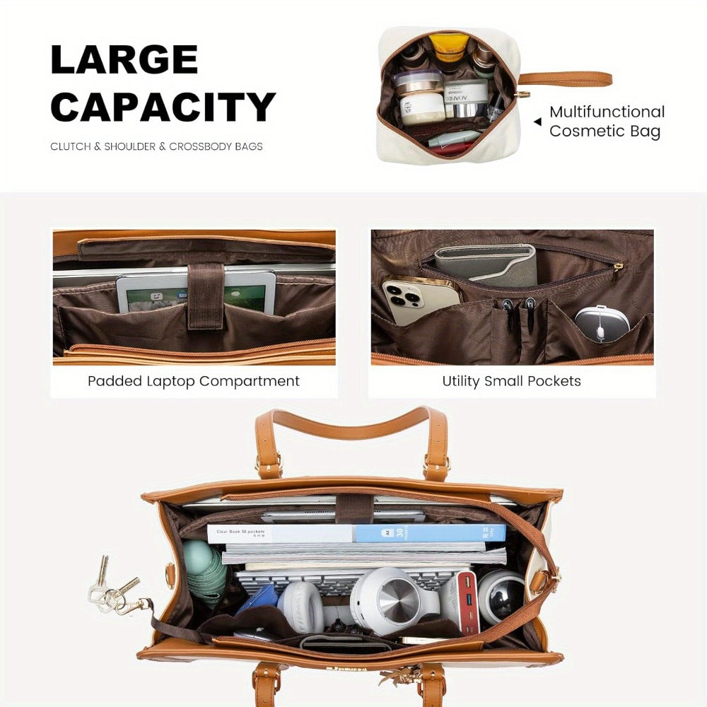 [Canvas Leather Laptop Tote] LOVEVOOK 15.6 inch Canvas Leather Laptop Tote Bag for Women - Computer bag with Clutch Purse for Business, Travel, Casual