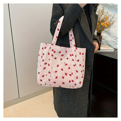 Women' Large Capacity Corduroy Tote Bag with Strawberry Pattern - /// Casual Handbag, Zipper Closure & - Corduroy Shoulder Bag for, Travel, Shopping