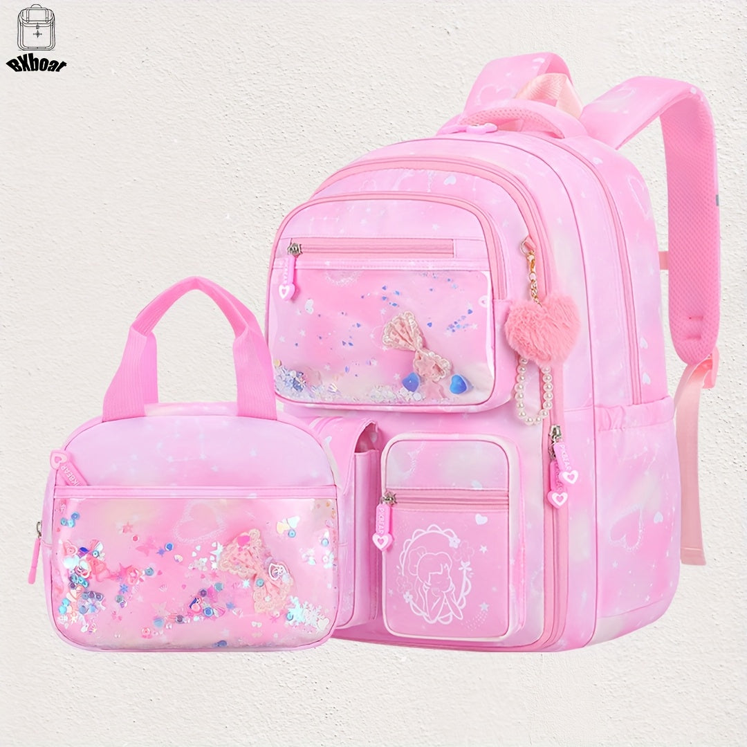 2pcs Bxboat Large Capacity Girls' Backpack with Lunch Box Pocket & 15.6" Laptop Compartment - Cute Bowknot Design, Multiple Pockets, Durable Fabric School Backpack for Teen Girls, Travel & Outdoor (Pink & Blue), Girls' Backpack, for Teenager