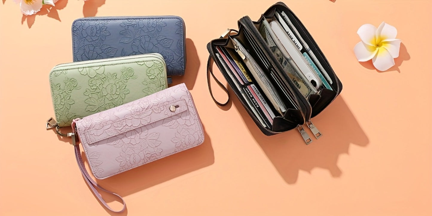Wristlet Purse for Women, RFID Blocking Large Capacity Clutch Wallet with 24 Card Slots & Zipper Coin Pocket, Detachable Wrist Strap for Travel Gift for Her, Floral Print