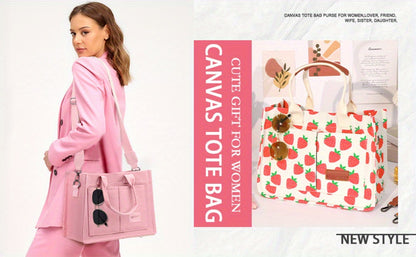 Large Capacity Multi-Pocket Tote Bag with Adjustable Crossbody/Handheld Strap, Wrist Strap & Button Closure - // Handbag for Work, Travel, Shopping - Casual Durable Handheld Bag