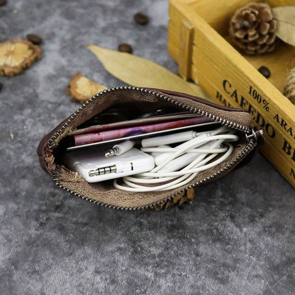 Vintage Style Genuine Top-Grain Leather Coin Purse, Hand-Painted Mini Pouch with Zipper - 1pc