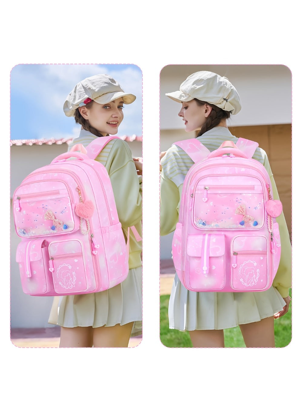 2pcs Bxboat Large Capacity Girls' Backpack with Lunch Box Pocket & 15.6" Laptop Compartment - Cute Bowknot Design, Multiple Pockets, Durable Fabric School Backpack for Teen Girls, Travel & Outdoor (Pink & Blue), Girls' Backpack, for Teenager