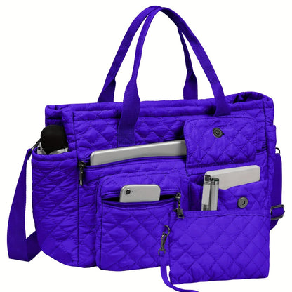 2pcs/Set Large Lightweight Quilted Nylon Tote Bag for Women, Laptop Work Bags Crossbody Shoulder Hobo Messenger Handbag Purse Travel Gym Totes