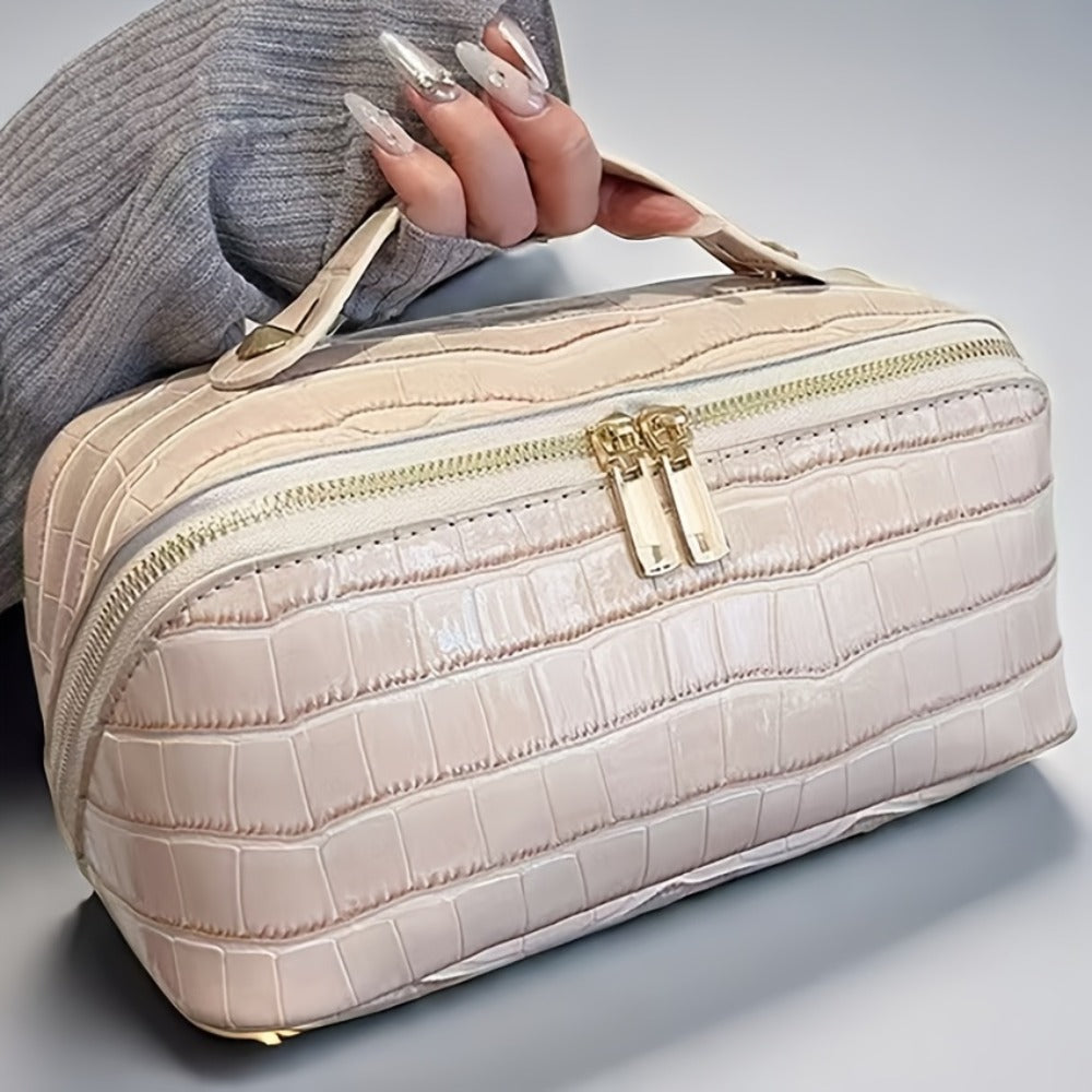Travel Makeup Bag Crocodile Pattern Women's PU Portable Cosmetic Bag Luxury Golden Zipper Portable Organizer Storage Bag Large Capacity