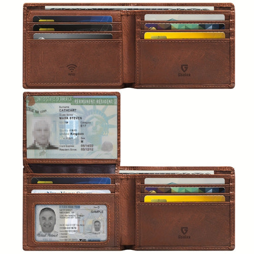 Handcrafted Vintage Bifold Wallet for Men - GSOIAX Premium Crazy Horse Faux Leather | 11 Card Slots + 2 ID Compartments + 2 Cash Sections | RFID Protection | Perfect Gift