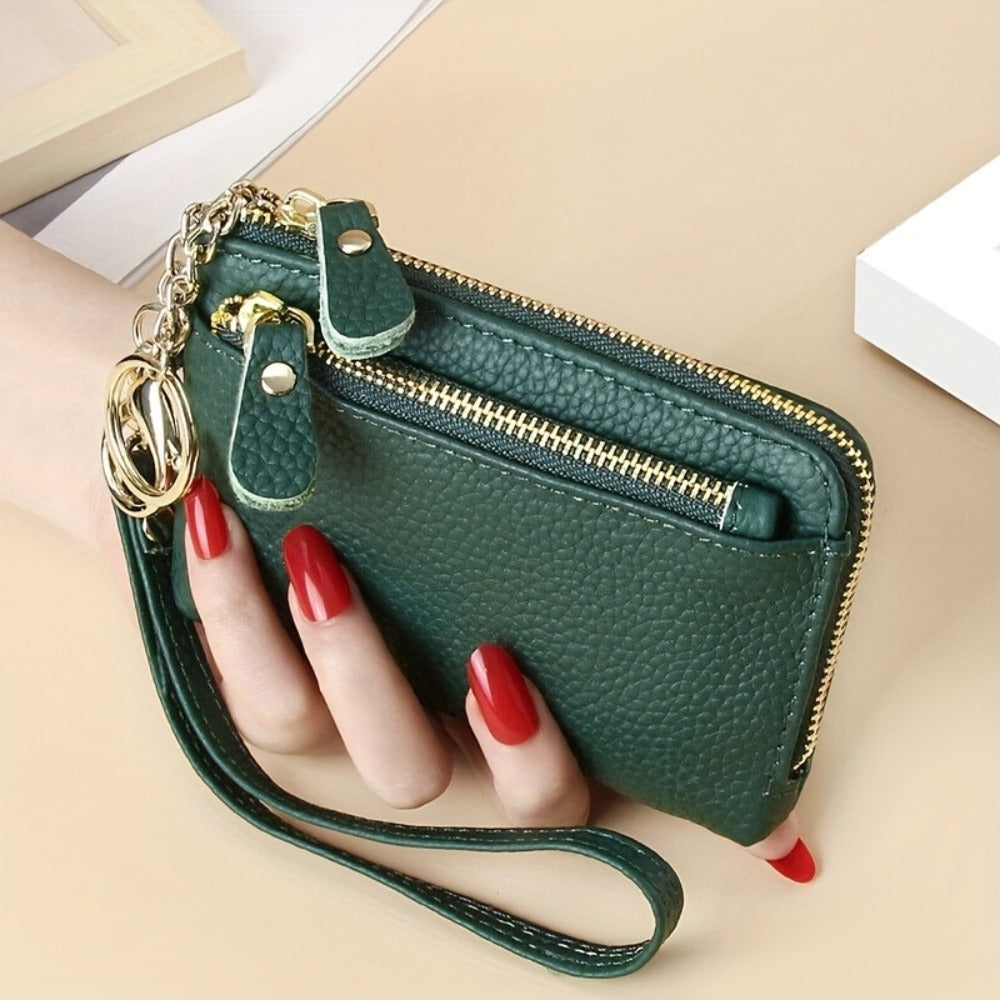 Authentic Leather Wallet for Women, Zippered Coin And Card Holder with Removable Wrist Strap, Lychee Design Handbag