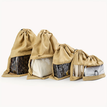 5pcs Reusable Moisture-Proof Handbag Dust Bags with Clear Window & Drawstring Closure - Multi-Size Fabric Storage Organizers with Sturdy Edges, Lightweight & Durable for Closet, Shoe, Jewelry Storage - Beige, Gray, Khaki, White, Black - Hand Washable, Spa