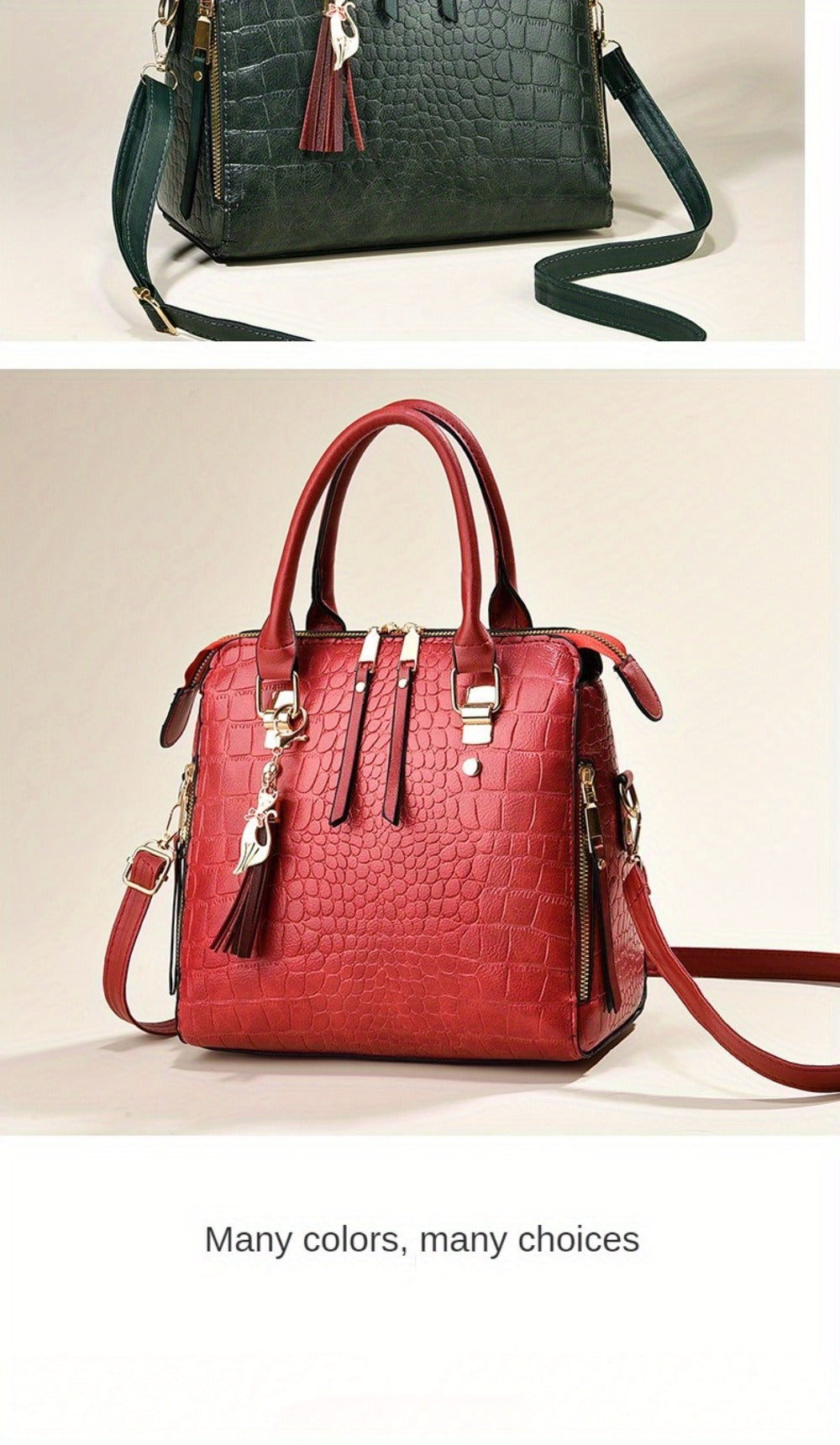 Fashion Crocodile Pattern Women's Handbag 2pcs Set, Women's Shoulder Bag with Tassel Decoration, Metal Cat Pendant Crossbody Bag