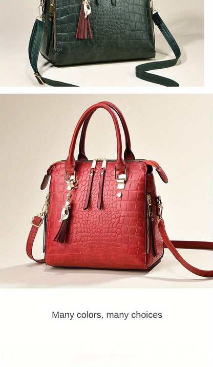 Fashion Crocodile Pattern Women's Handbag 2pcs Set, Women's Shoulder Bag with Tassel Decoration, Metal Cat Pendant Crossbody Bag