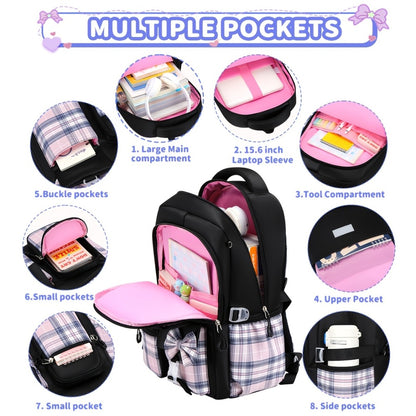 3pcs Bow-Tie School Backpack Tote Storage Bag Set | Large-Capacity Multi-Functional Storage Backpack with 15. 6-inch Laptop and Tablet Compartments, Smooth Zippers, Lightweight, Ideal for Teens' Daily Commute and Back-to-School, for Teenager