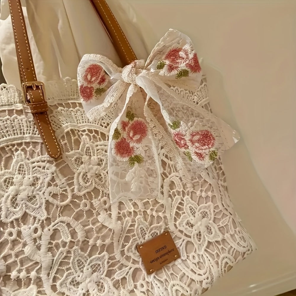 2025 New Style Lace Tote Bag/ Shoulder Bag: Elegant And Premium with Floral Decorations, Perfect for Daily Commuting Or Photo Shooting, Ideal Holiday Gift (Halloween/Thanksgiving/Christmas)
