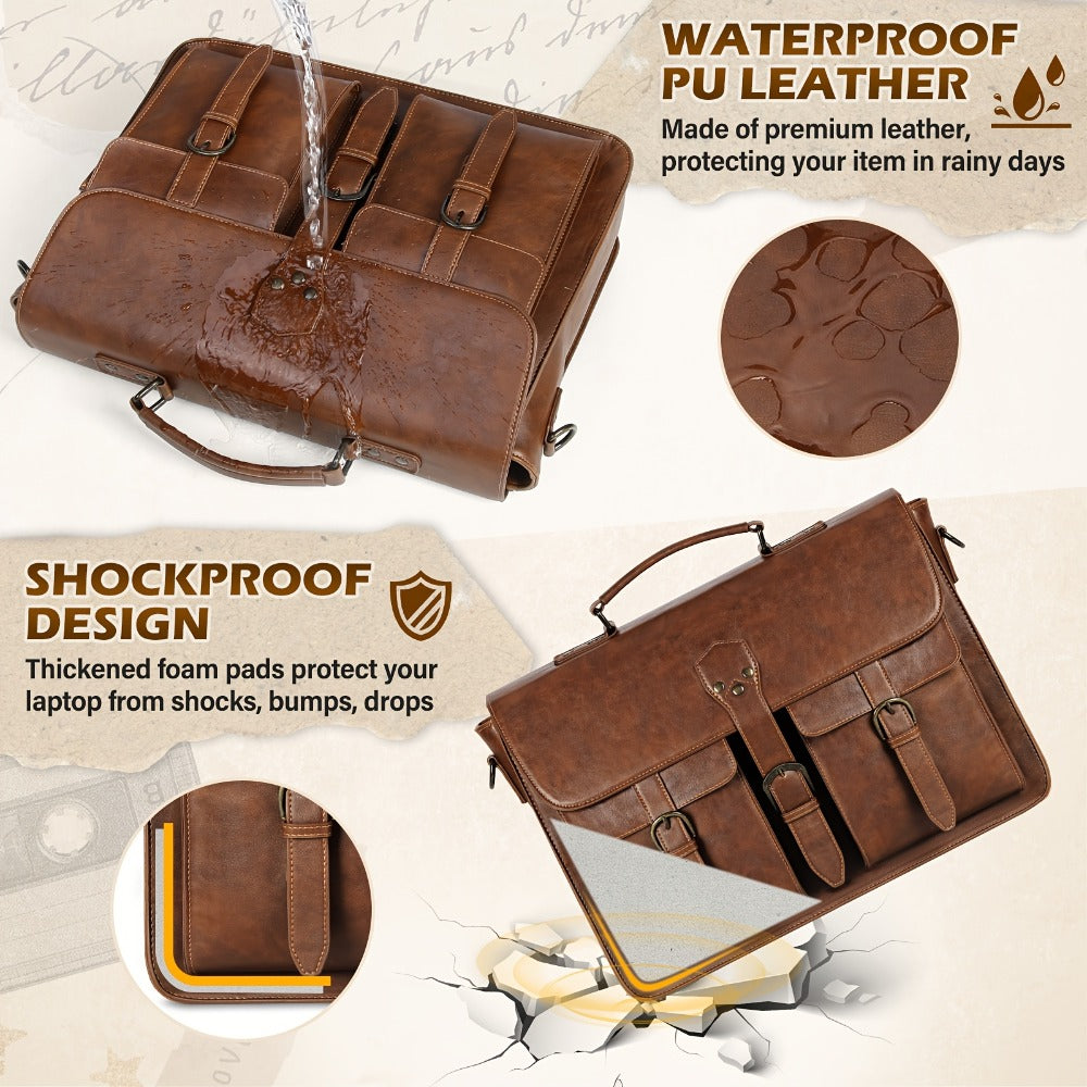 RAINSMORE Men's Crossbody Bag 15.6-Inch Vintage Laptop Briefcase Large Laptop Bag Handbag Computer Shoulder Bag for Office Business Travel College, Brown