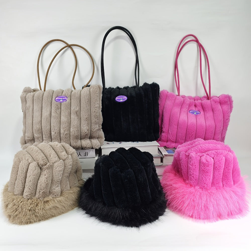 2pcs Women'S Fleece-Lined Shoulder Bag And Bucket Hat Set, Warm And Thickened, Versatile for Autumn And Winter Daily Wear