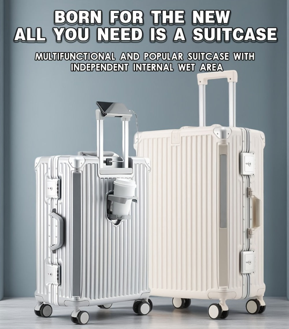 Multifunctional Aluminum Alloy Frame Suitcase, ABS+PC Material Suitcase, Scratch-resistant And Wear-resistant. Foldable Cup Holder And Side Stand Foot Hook, TSA Customs Password Lock. Universal Wheel, Internal Compartment And Compression Belt Design