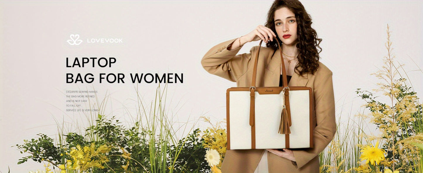 [Canvas Leather Laptop Tote] LOVEVOOK 15.6 inch Canvas Leather Laptop Tote Bag for Women - Computer bag with Clutch Purse for Business, Travel, Casual