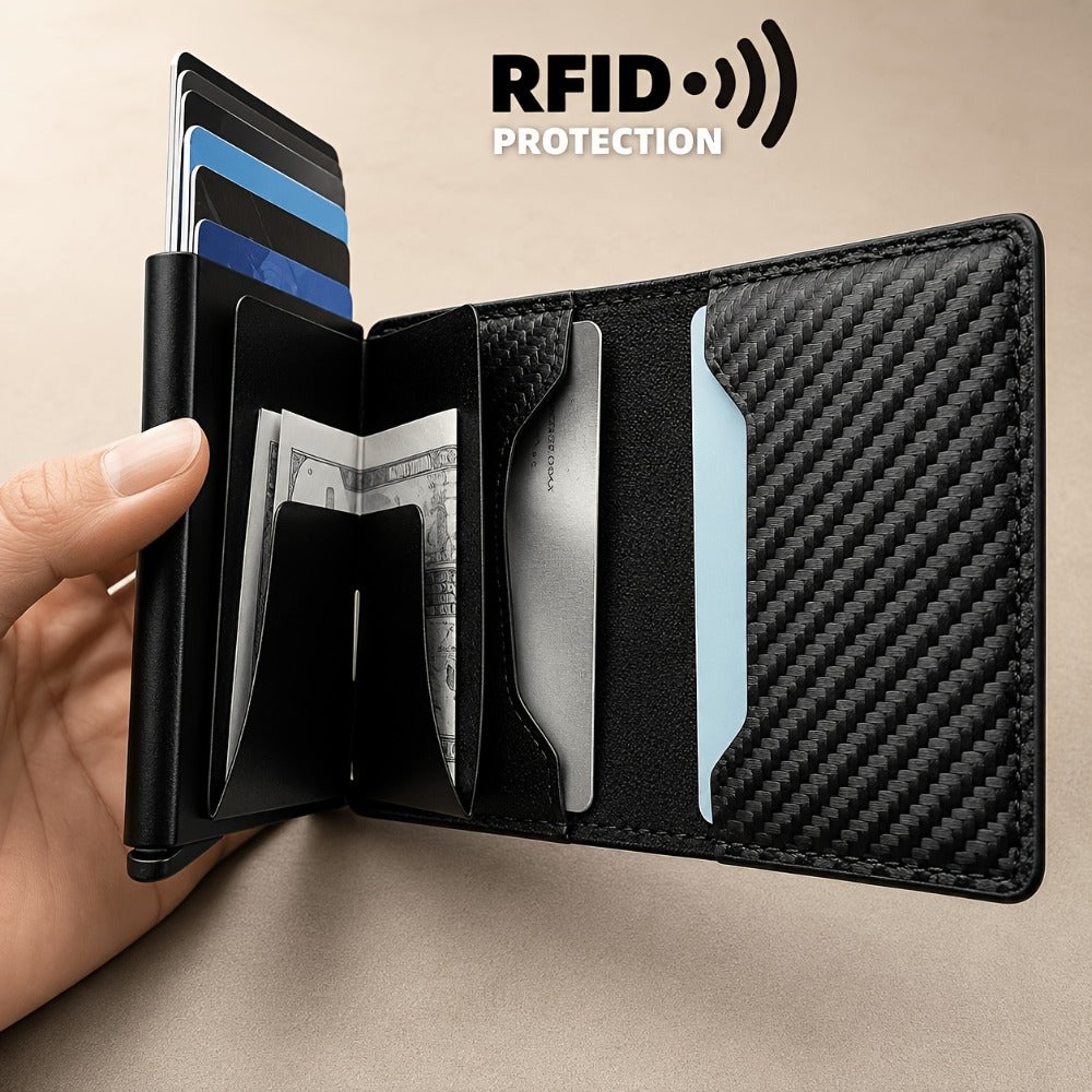 [CARBON FIBER Wallet] Men'S Wallet With Automatic Pop-up Metal Credit Card Holder, RFID Blocking Business Card Wallet, Microfiber Genuine Leather, 10 Card Slots, Smart Airtag, Lightweight Multi-functional Money Clip, Suitable For Travel/ Daily USE.