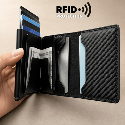 [CARBON FIBER Wallet] Men'S Wallet With Automatic Pop-up Metal Credit Card Holder, RFID Blocking Business Card Wallet, Microfiber Genuine Leather, 10 Card Slots, Smart Airtag, Lightweight Multi-functional Money Clip, Suitable For Travel/ Daily USE.