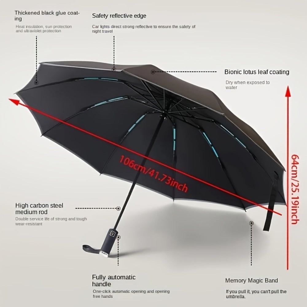 1pc Fully Automatic Reverse Folding Umbrella with 20 Ribs, Windproof, Design, Double Bone Structure, Equipped with Night Reflective Strips - Made Of High-Density Material, Uitable for Daily Use By Both Men And Women.