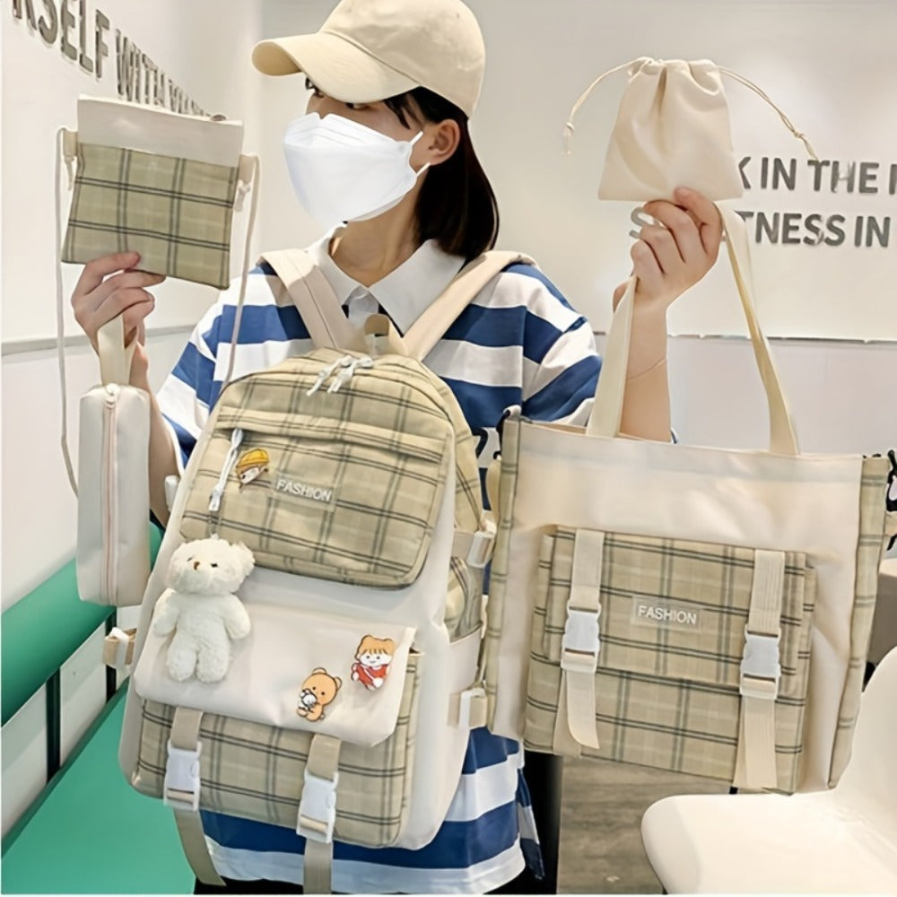 Cute Plaid Cartoon Canvas Five-Piece School Bag, Large Capacity Casual Simple Backpack, Women's Travel Bag Cosmetic Bag, for Girls And Women, Adaptable Stationery Bag, Women's Wallet, Women's Crossbody Bag, Women's Hand Bag (No Bear Pendant)