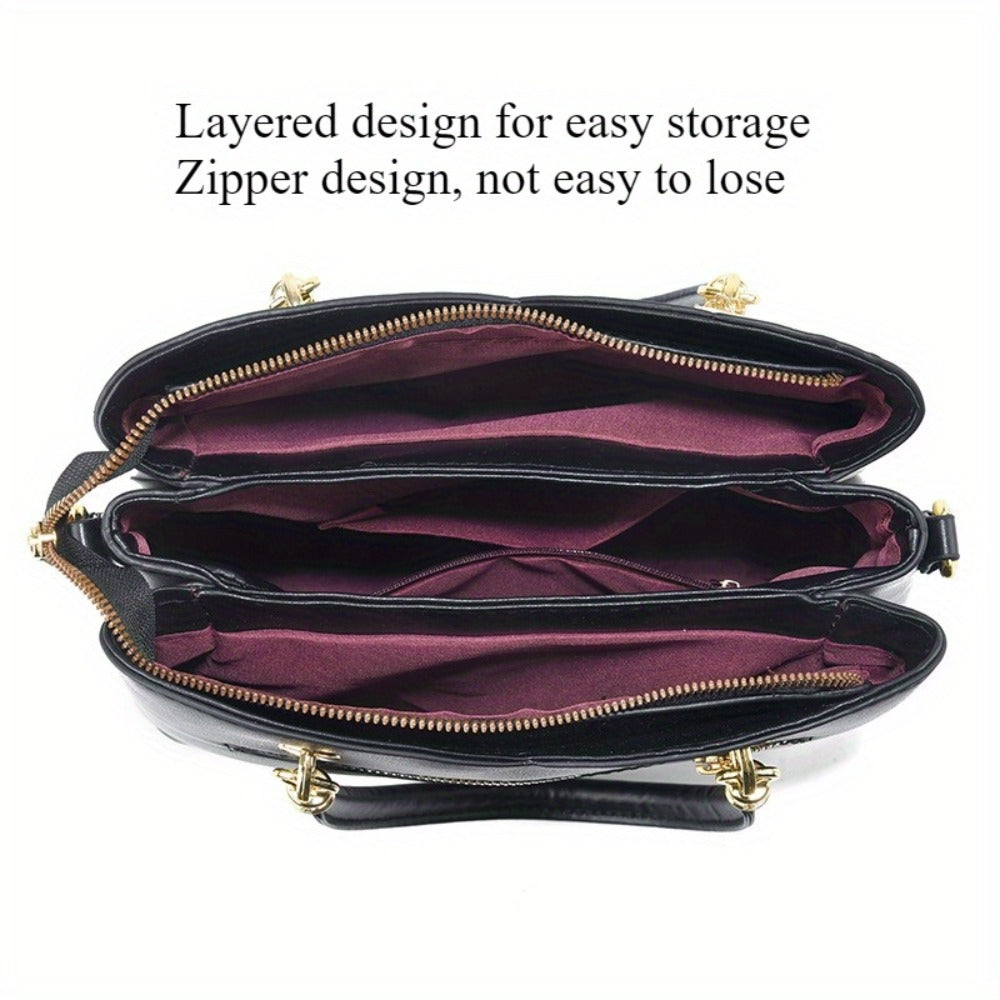 Colorblock Top-Handle Satchel Bag for Women - Faux Leather Purse with Zipper Closure, Large Capacity Shoulder Tote with Messenger Strap and Edge Paint Detail, Fashionable Handbag