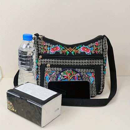 Retro Bohemian Flower Pattern Shoulder Bag, Classic Retro Zipper Crossbody Bag, Birthday Gift for Mom