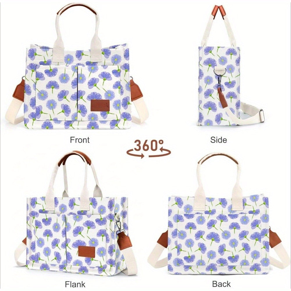 Large Capacity Multi-Pocket Tote Bag with Adjustable Crossbody/Handheld Strap, Wrist Strap & Button Closure - // Handbag for Work, Travel, Shopping - Casual Durable Handheld Bag