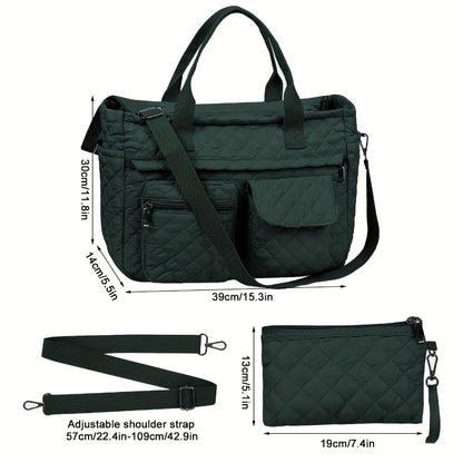 2pcs/Set Large Lightweight Quilted Nylon Tote Bag for Women, Laptop Work Bags Crossbody Shoulder Hobo Messenger Handbag Purse Travel Gym Totes