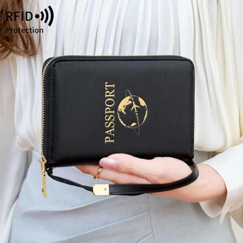 RFID Travel Wallet | Casual Minimalist Bi-Fold Design with Zipper Closure, Faux Leather Construction, Detachable Wrist Strap | Lightweight Travel Organizer for Passport, Cards, Cash, Boarding Passes | Ideal for Vacations, Commuting And Daily Use