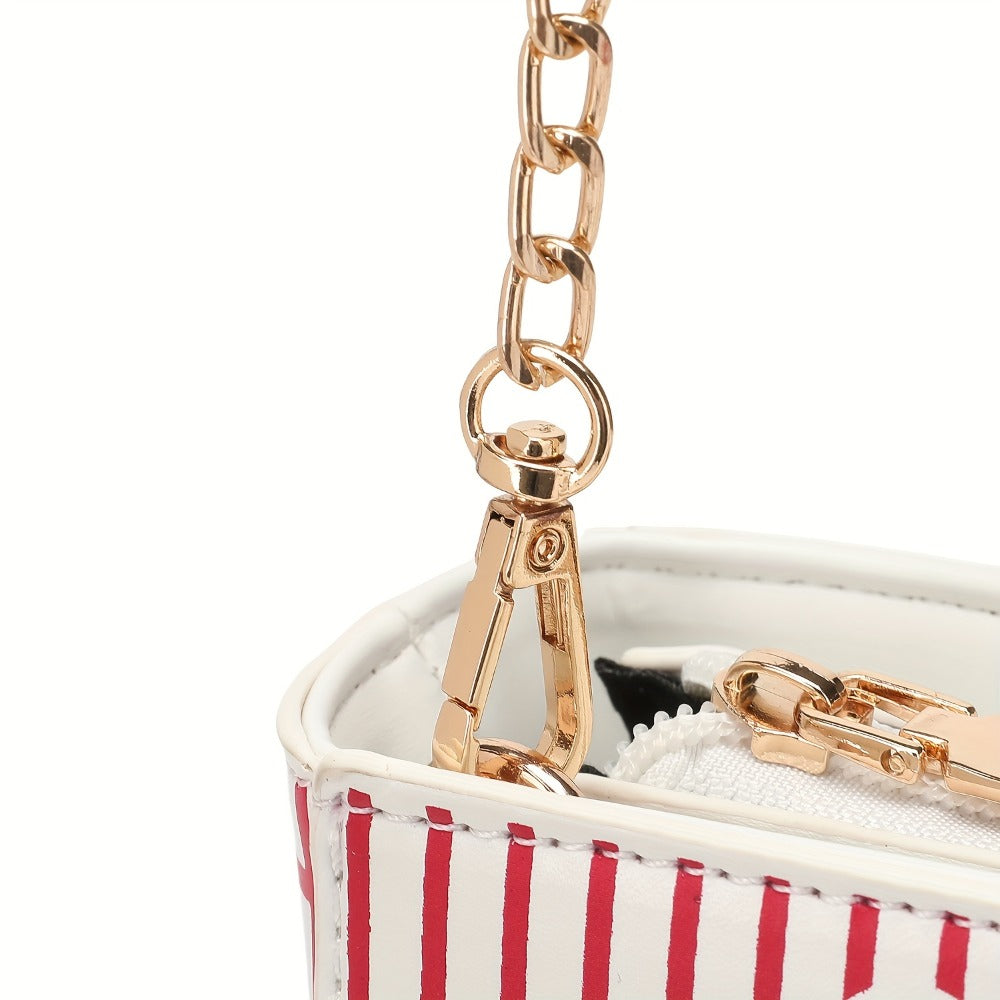Trendy Popcorn Box Design Handbag for Women, Featuring a Crossbody Style with a Chain Strap, a Distinctive Square Shape, And an Adjustable Wallet