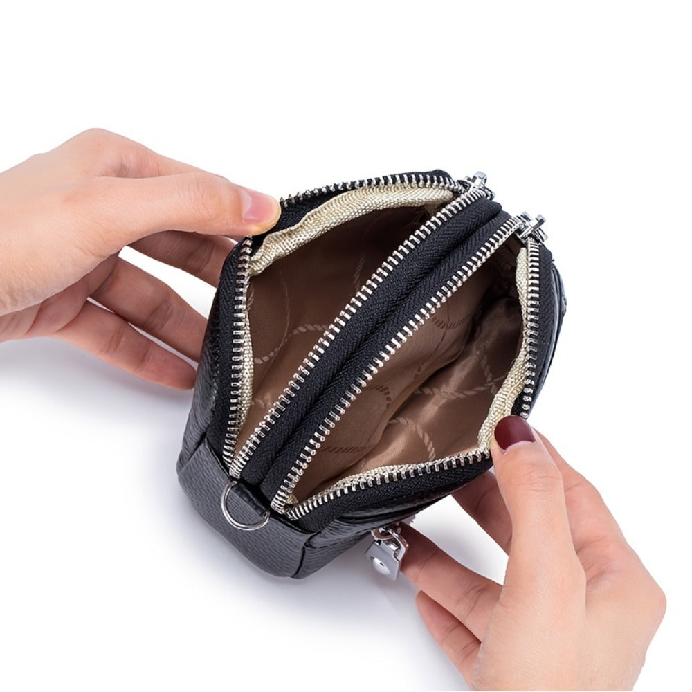 Coin Purse for Women Genuine Leather Small Triple Zipper Coin Wallet Pouch with Removable Wristlet Strap