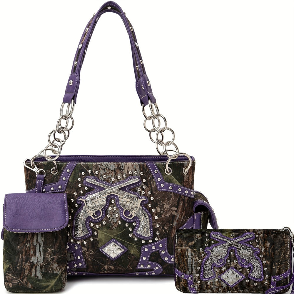 Camouflage Western Style Totes Studded Floral Handbag Tooled Purse Country Women Shoulder Bag Zipper Wallet Set