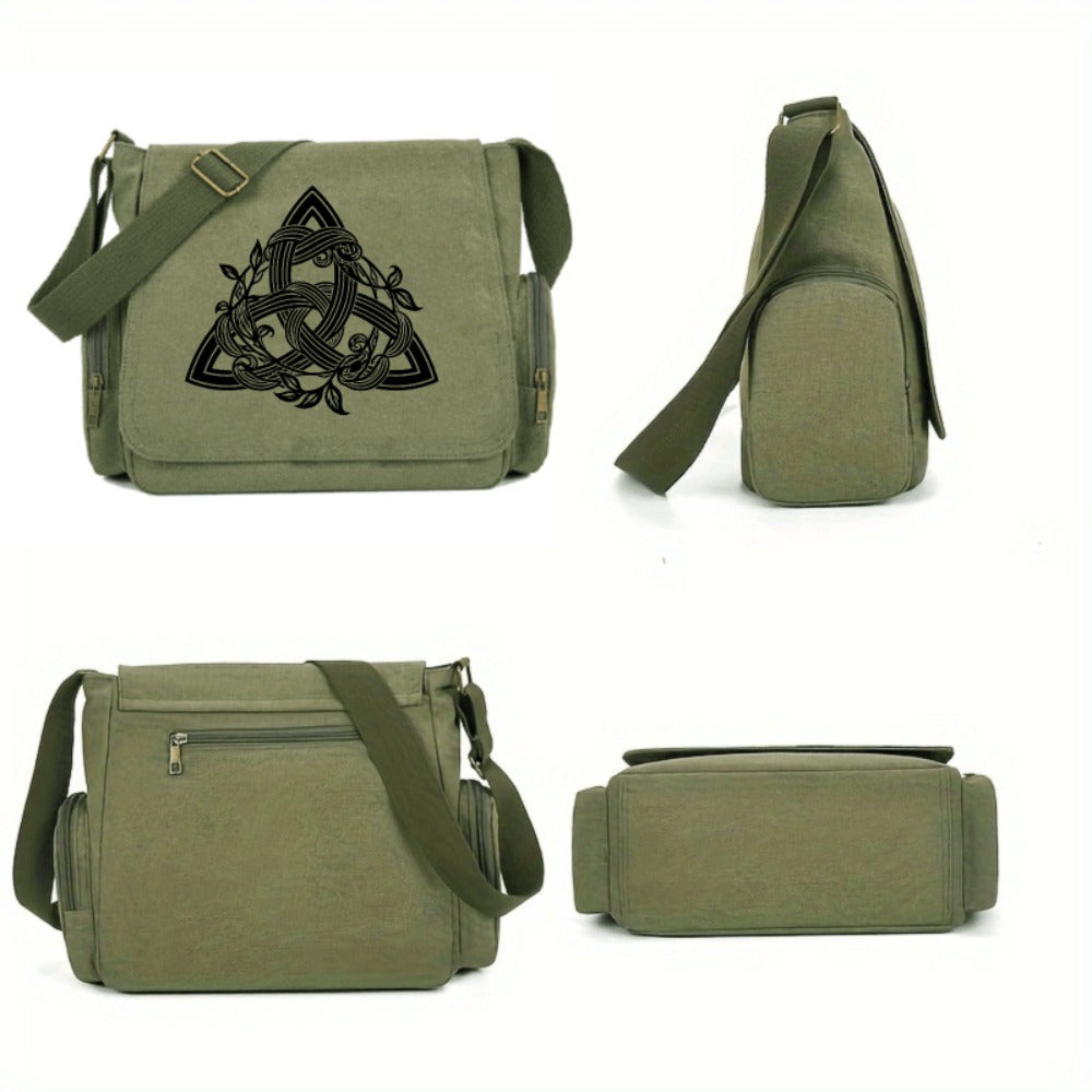 Large-capacity Flip-top Retro Tote Messenger Mailman Bag | Two-color Option, Celtic Triangle Knot Vine Pattern, Suitable for Daily Travel and Gatherings, Ideal Gift for Girlfriend