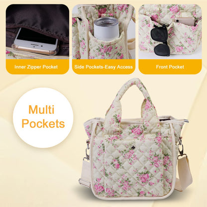 Floral Quilted Tote Bag for Women, Cute Crossbody Shoulder Purse with Pockets, Everyday Handbags