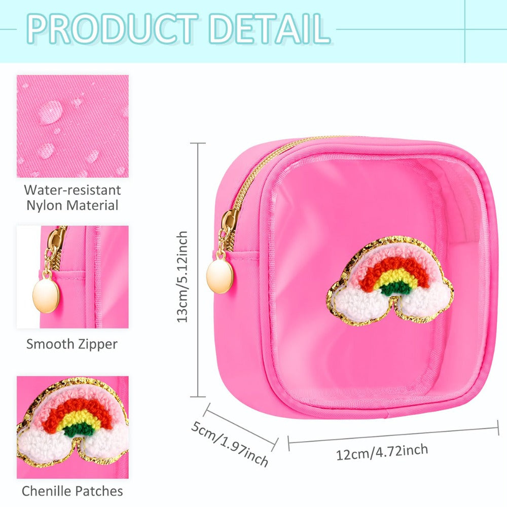 6pcs Preppy Makeup Bag for Women, Travel Toiletry Cosmetic Pouch with Chenille Letter, Nylon R High Quality Zipper Organizer In Light Beige - Bridesmaid Gift, Wedding Day, Bachelorette Party Favor, DIY Storage Visual Transparency Bag