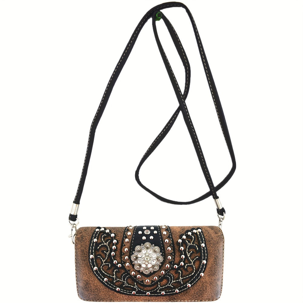 Women' Western Cowgirl Rhinestone & Concho Studded Handbag and Wallet Set - Brown Purse with Zipper Closure, Suitable for Country, Ranch, Daily Use, Gift for Horse /Equestrian Events