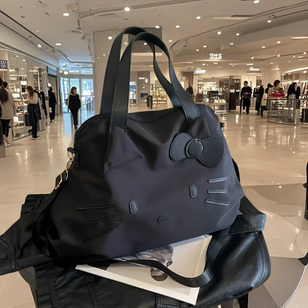 Sanrio Hello Kitty 2025 New Large Capacity Tote Bag - Detachable Shoulder Strap, Lightweight Nylon Material, Designed for Women, Black And White Color Scheme, Zipper Closure, Machine Washable, Suitable for Work, Commuting, And Travel, Playful Design
