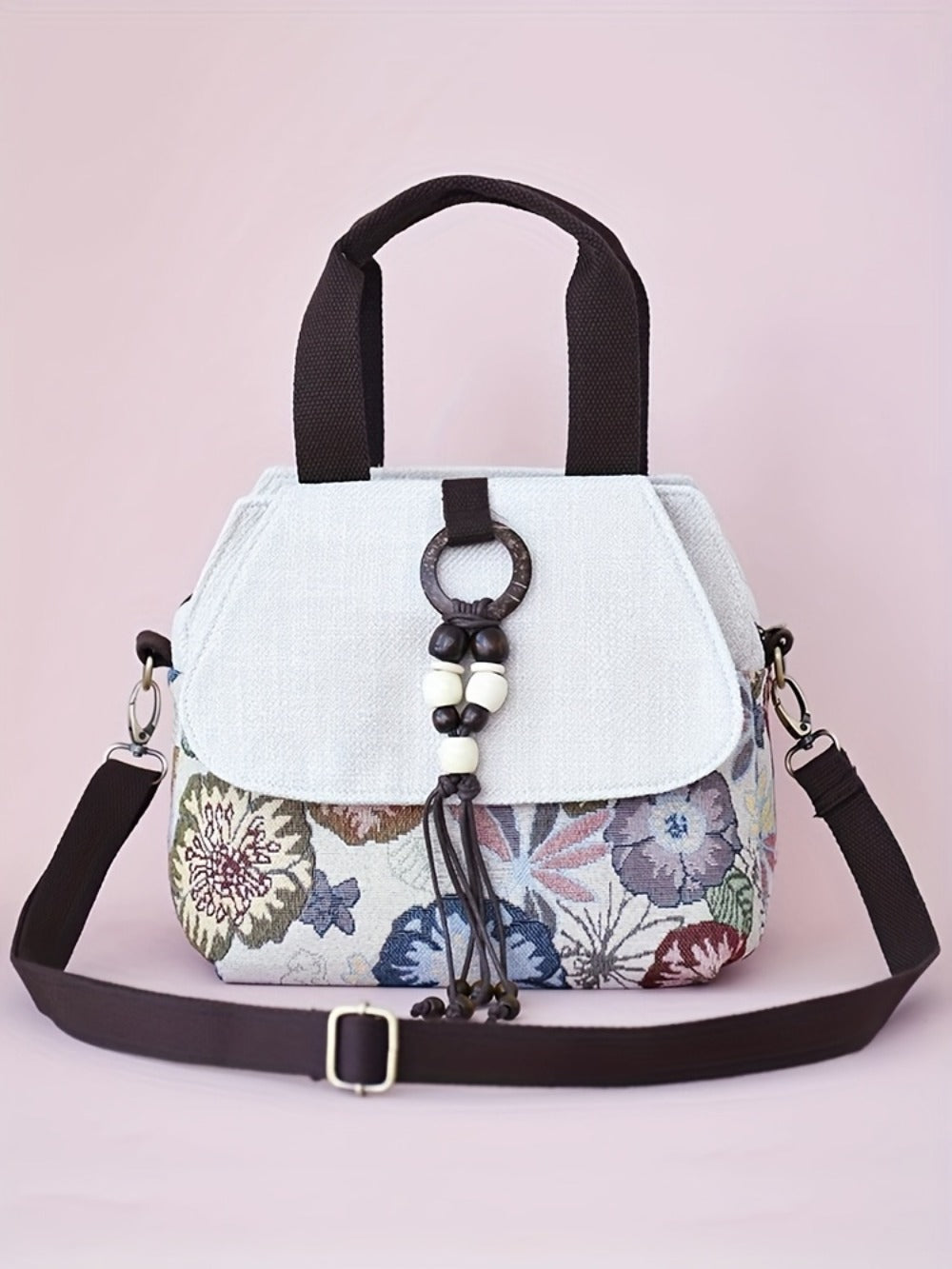 Bohemian Floral Crossbody, Multi-Compartment Handbag with Beaded Accents, Zipper Closure And, Casual Vacation Everyday Purse, Travel Accessory, Ethnic Pattern, Stylish Accents, Women'S Accessory, Stylish Shoppers