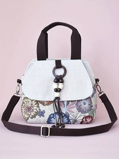 Bohemian Floral Crossbody, Multi-Compartment Handbag with Beaded Accents, Zipper Closure And, Casual Vacation Everyday Purse, Travel Accessory, Ethnic Pattern, Stylish Accents, Women'S Accessory, Stylish Shoppers
