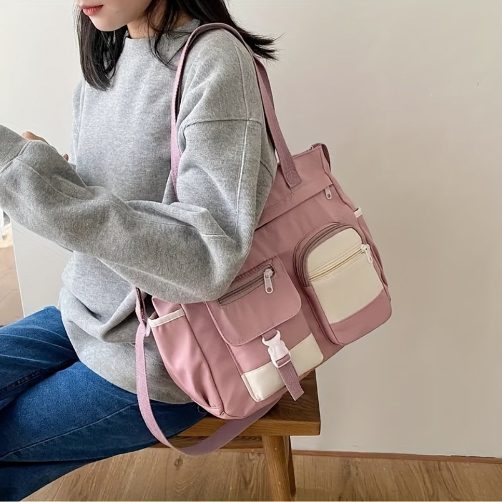Artistic Girl Large Capacity Shoulder Bag, Versatile Student Contrast Color Messenger Bag, Portable Canvas Bag