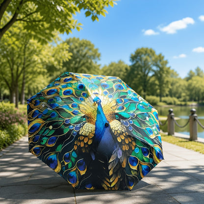 A Folding Umbrella With A Peacock Feather Design - A Lightweight, Retractable Travel Umbrella With A Sturdy 8-rib Frame, Available In Blue, Green, Golden, Purple, Black, Yellow, And Brown. An Elegant Outdoor Umbrella For Both Men And Women.