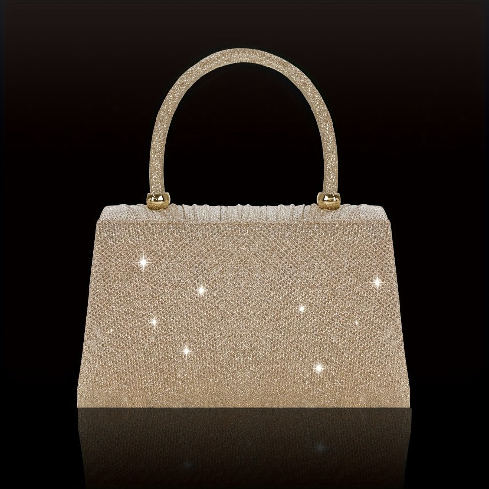 [Elegant Sequin Clutch Set] Elegant Champagne Sequin Clutch with Rhinestone Bow - Matching Rhinestone Earrings, Necklace & Bracelet Set | Ideal Valentine's Day Gift for Women, Party Accessory | Detailed Closure